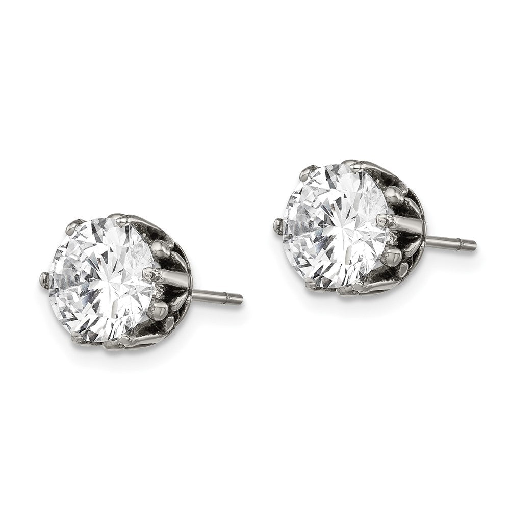 Stainless Steel Antiqued and Polished Round CZ Post Earrings