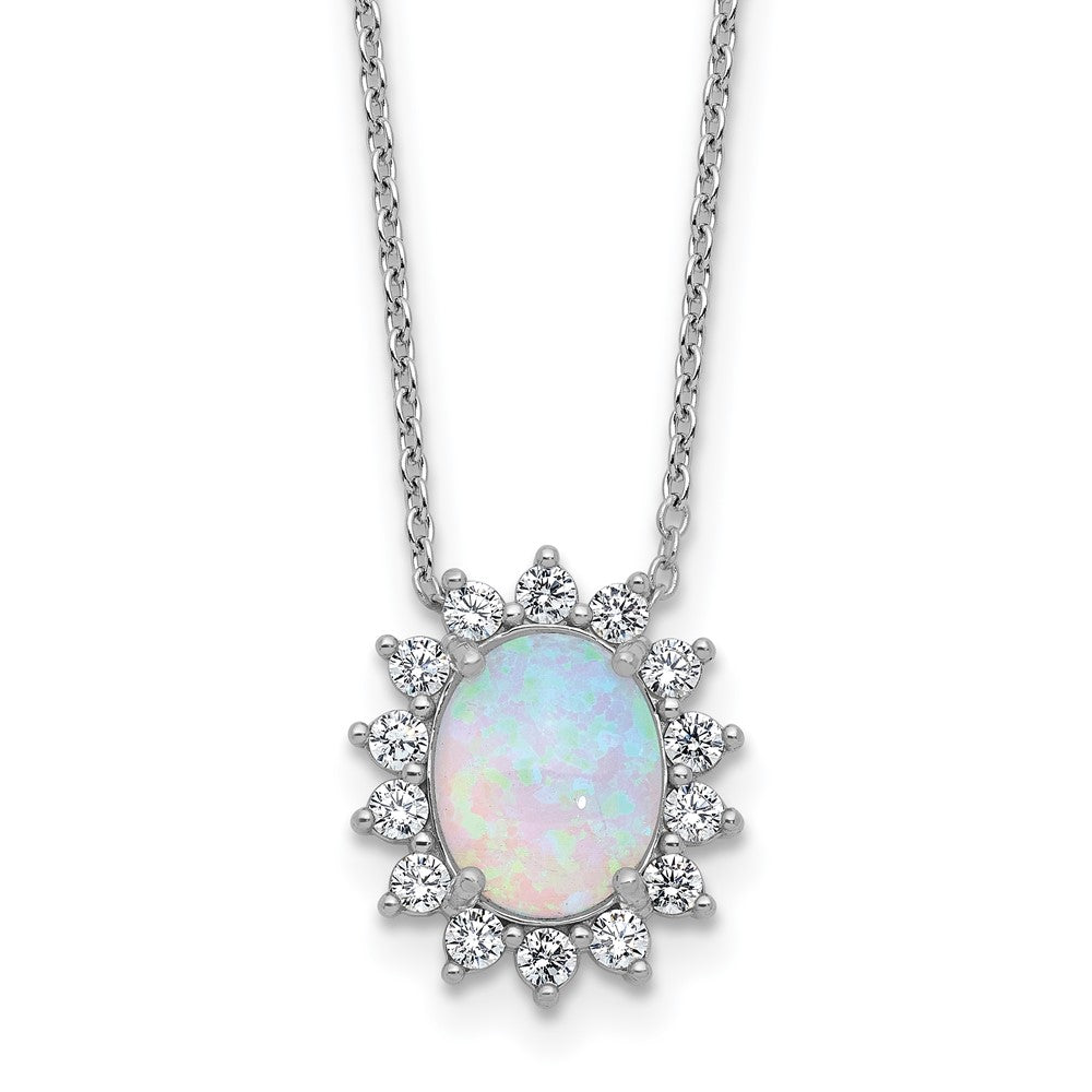 Cheryl M Sterling Silver Rhodium-plated Polished Created Opal and CZ Oval Halo Necklace 18 Inches