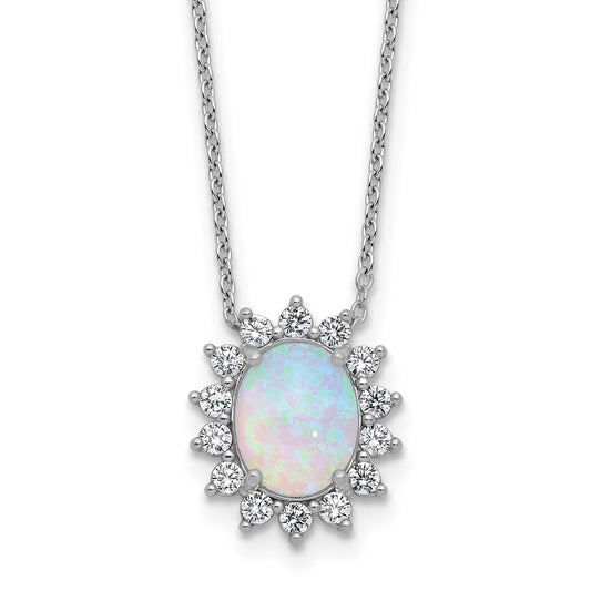 Cheryl M Sterling Silver Rhodium-plated Polished Created Opal and CZ Oval Halo Necklace 18 Inches