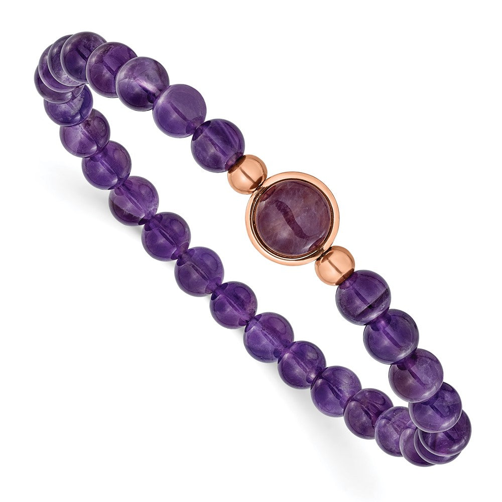 Chisel Stainless Steel Polished Rose IP-plated 6.5mm Amethyst Beaded 7 inch Stretch Bracelet 7 inches