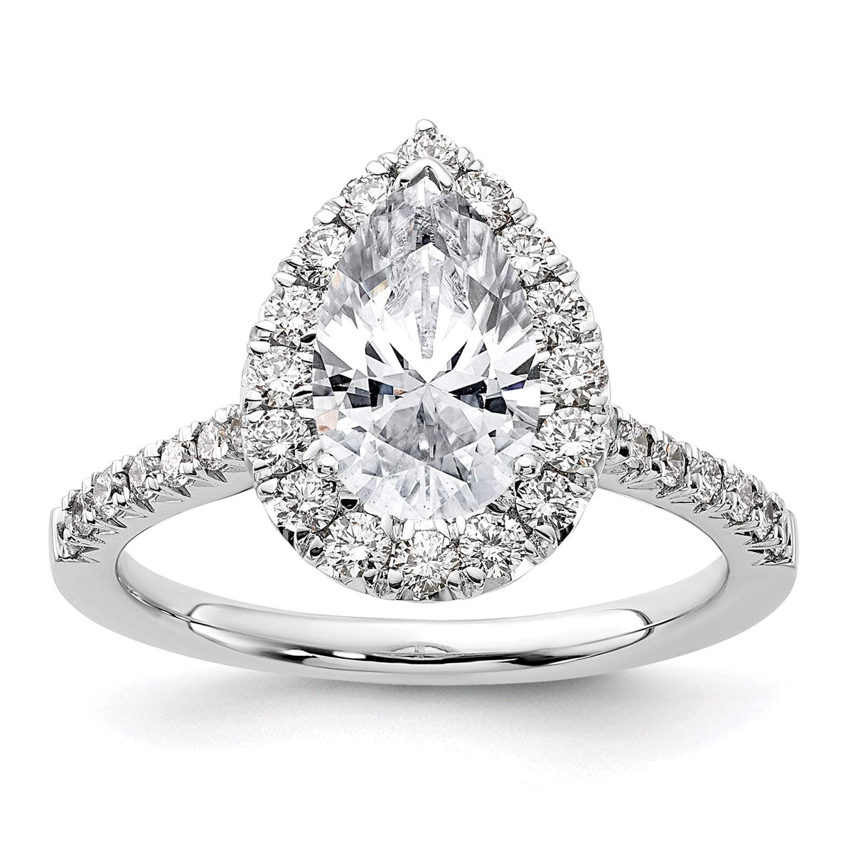 14k White Gold 5/8 carat Lab Grown Diamond VS/SI+ G+ 1 1/2 carat Center Pear Semi Mount Halo Engagement Ring