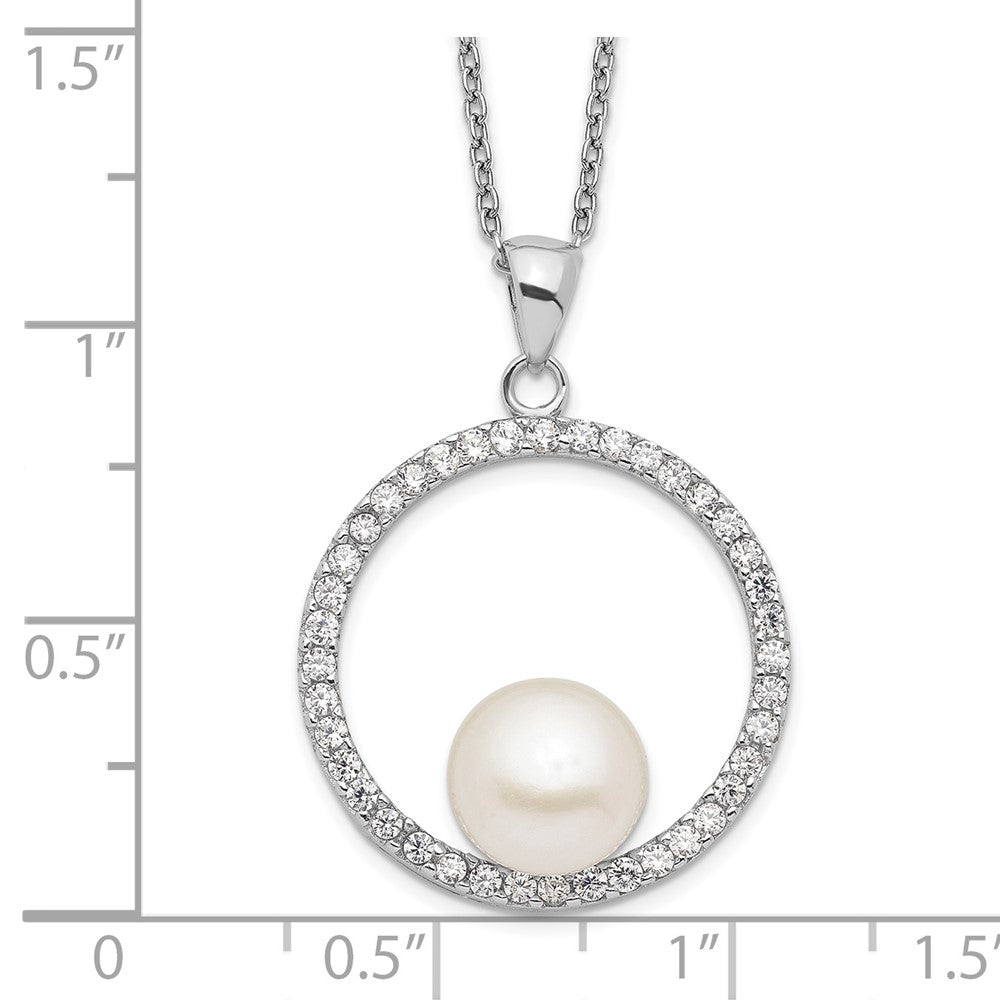 Sterling Silver Rhodium-plated 8-9mm White Button Freshwater Cultured Pearl and CZ 17 inch Necklace 17 Inches