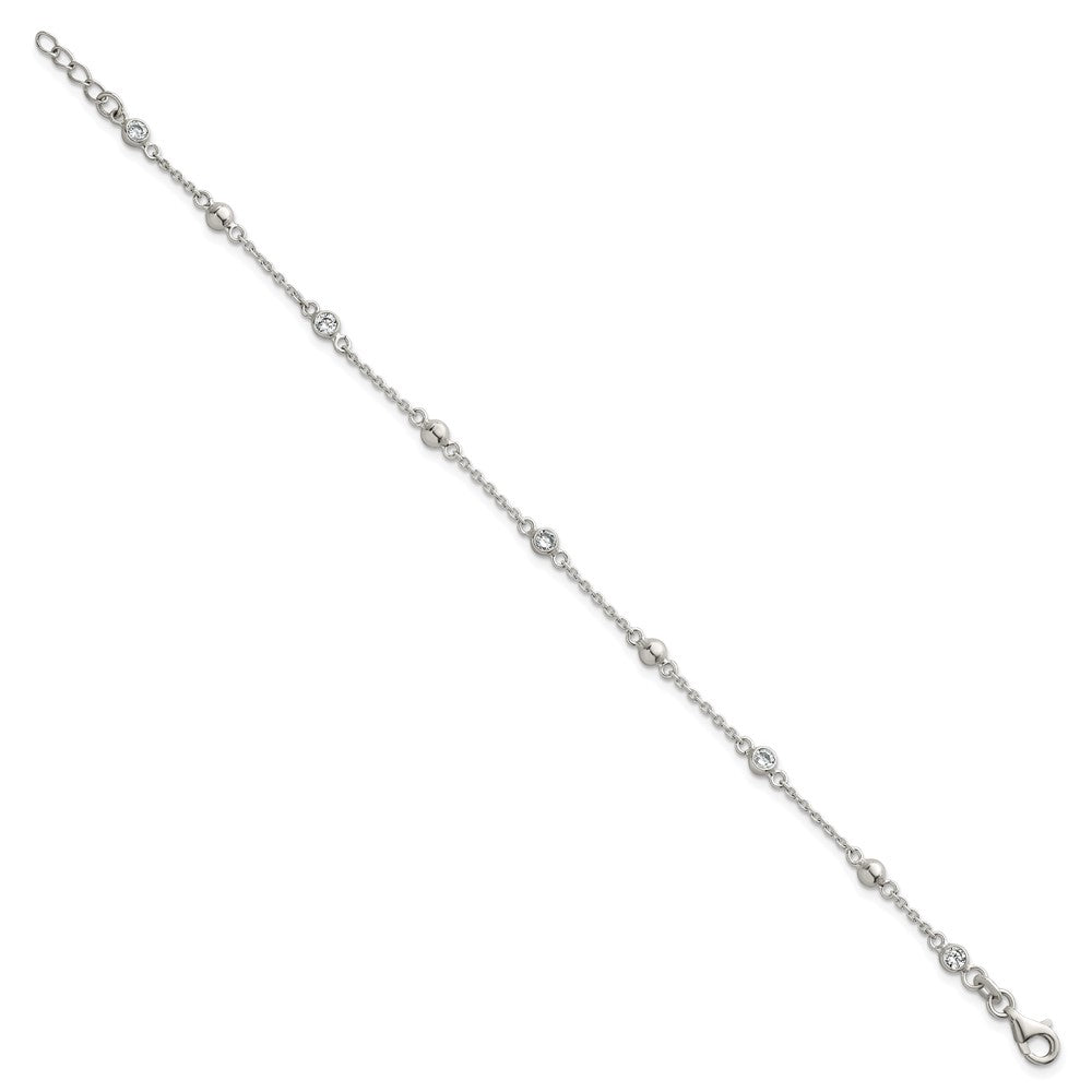 Sterling Silver Polished and Beaded CZ 6.75 inch with 0.5 inch Extension Bracelet