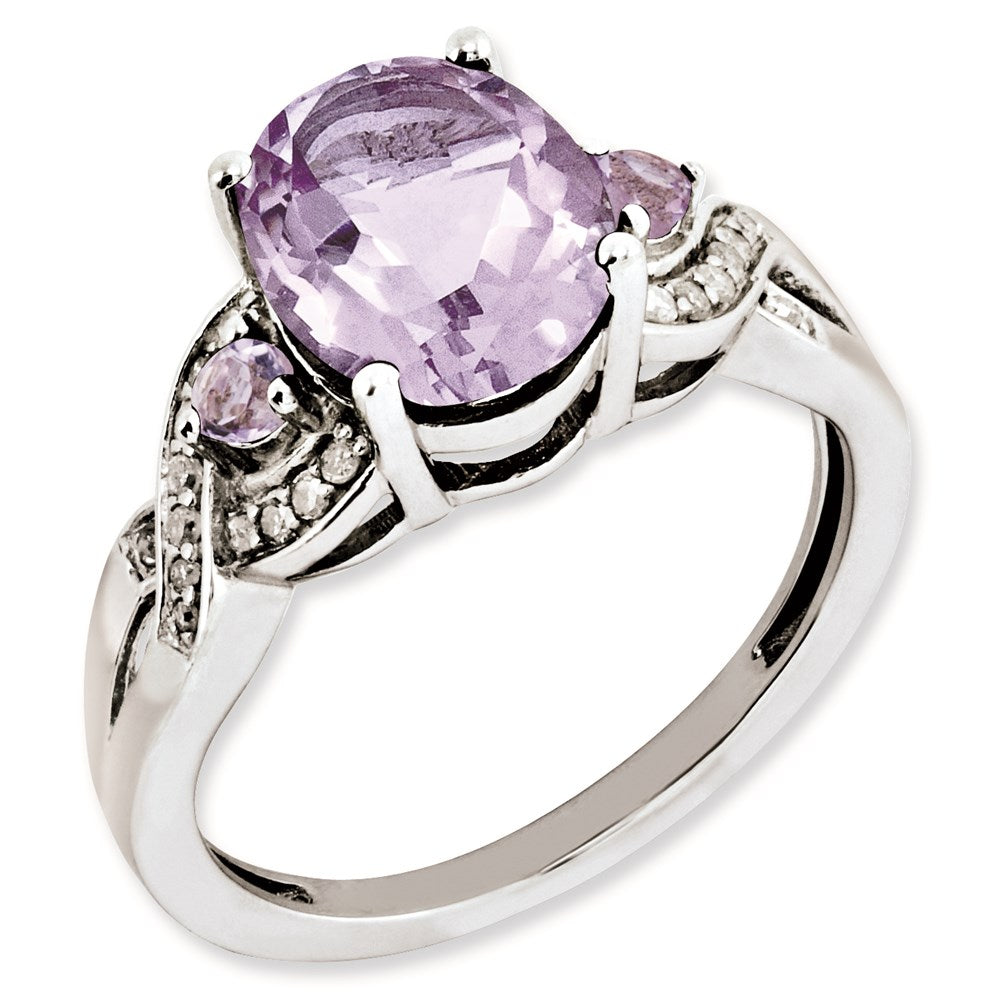 Sterling Silver Rhodium-plated Oval Diamond & Pink Quartz Ring