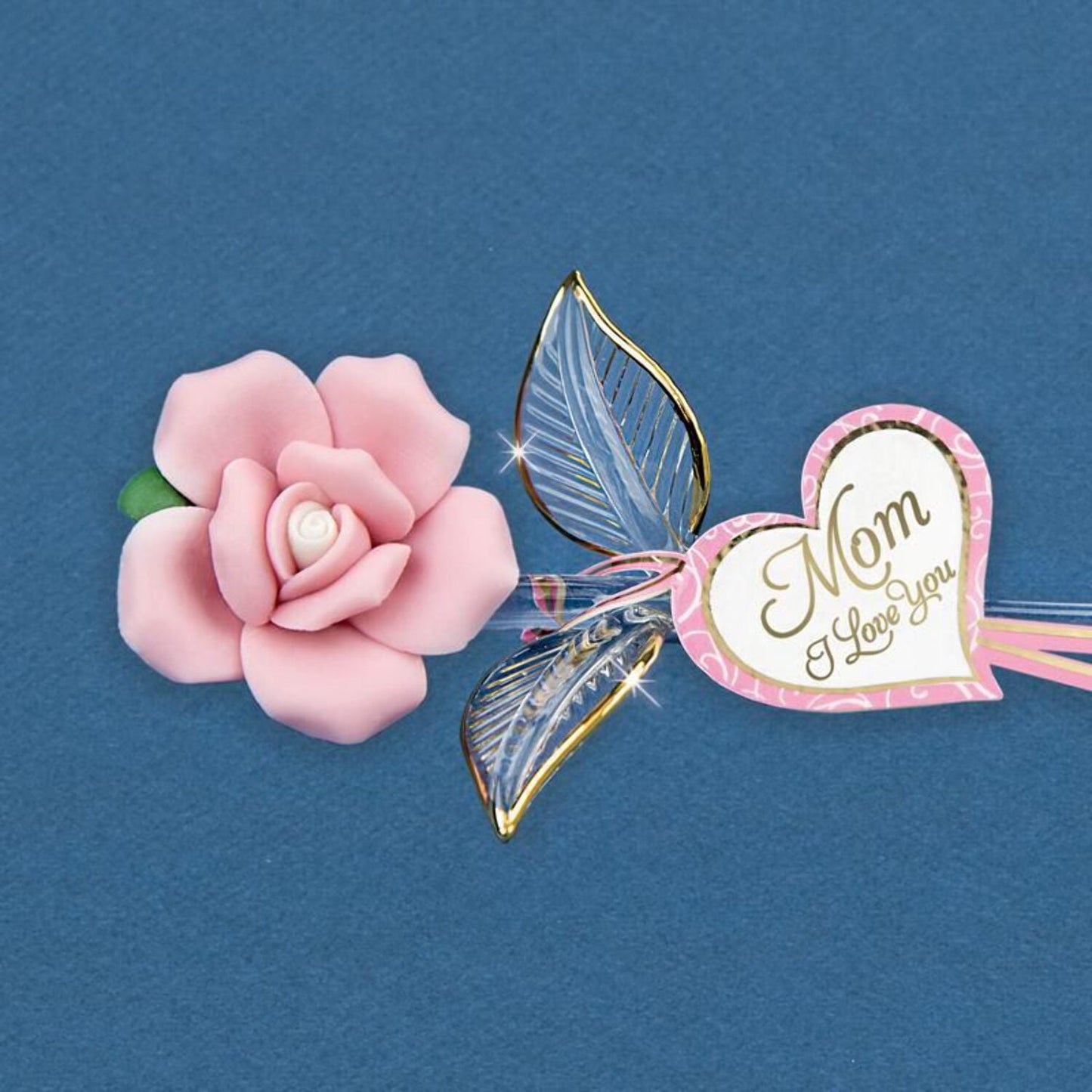 Glass Baron Beautiful Handcrafted Porcelain Pink Rose Crystal Heart Embossed with Mom, I Love You