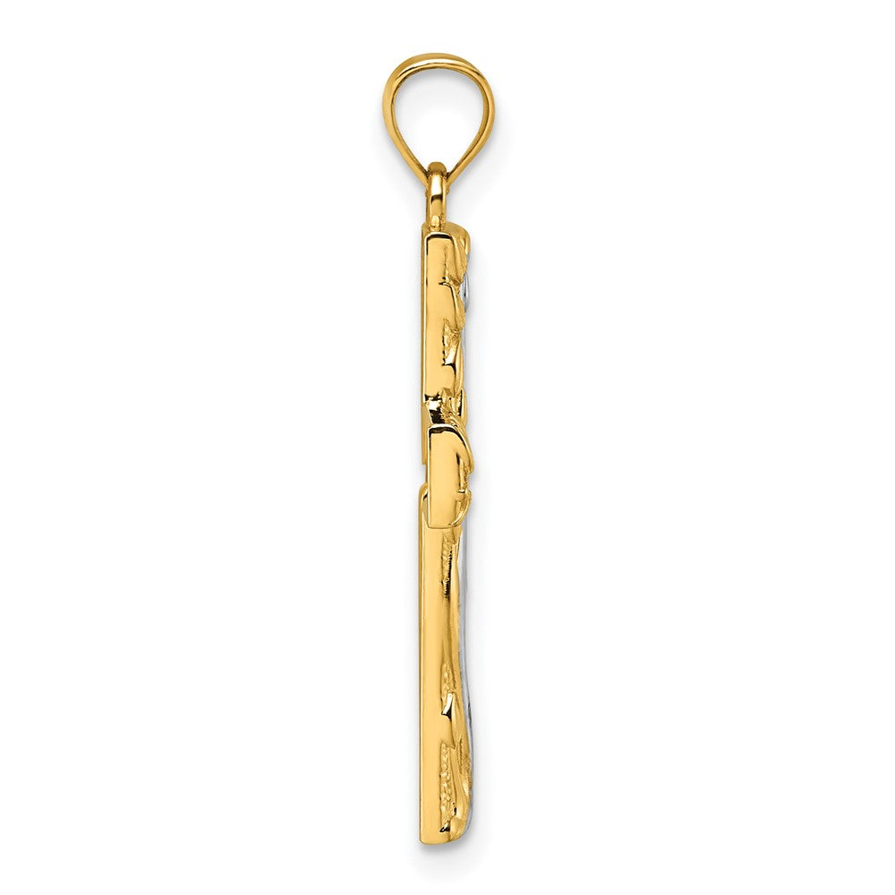 14k and Rhodium Polished Floral Tree with Leaves Hollow Back Cross Pendant