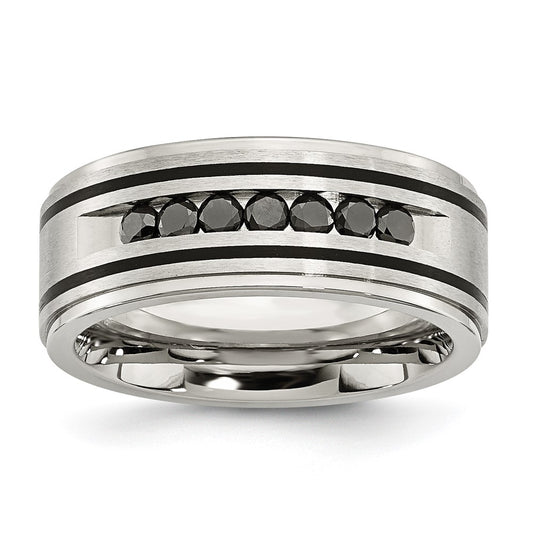 Stainless Steel Brushed/Polished Black IP 1/2ct Black Diamond 9mm Band Size - 10