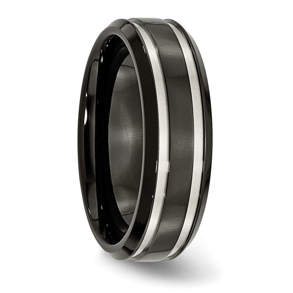 Titanium Brushed and Polished Black IP-plated 7mm Grooved Band Size - 5