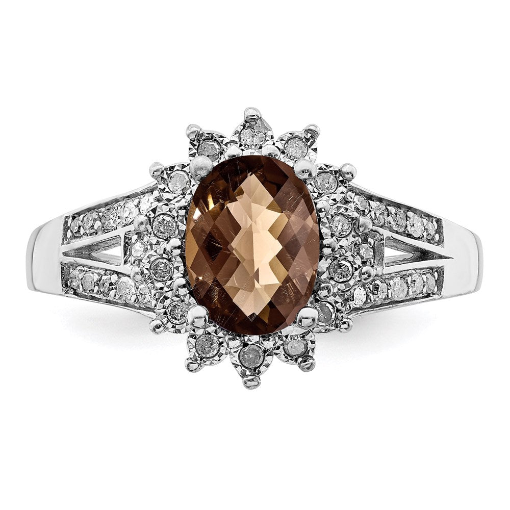 Sterling Silver Rhodium Diam. & Oval Checker-Cut Smoky Quartz Ring