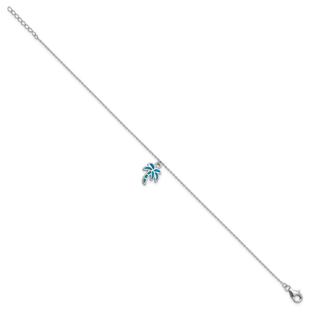 Sterling Silver Rhodium-plated Created Opal Palm Tree 9 inch with a 1 inch extention Anklet 9 inches