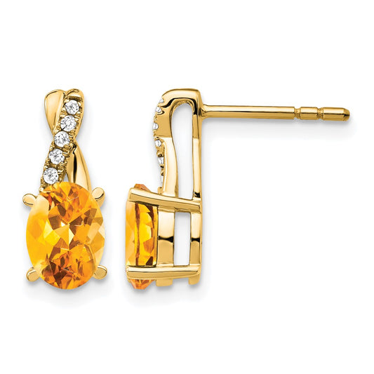 10ky Citrine & Diamond Earrings 7x5 Oval Citrine, Rd 10-1.1mm dia