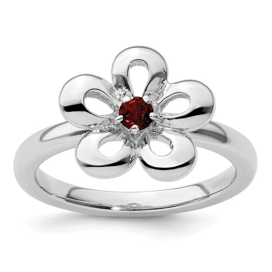 Sterling Silver Stackable Expressions Polished Garnet Flower Ring Size -8