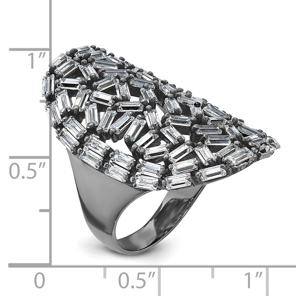 Sterling Silver & Black Ruthenium Oval Baguette Crystal Size 7 Ring