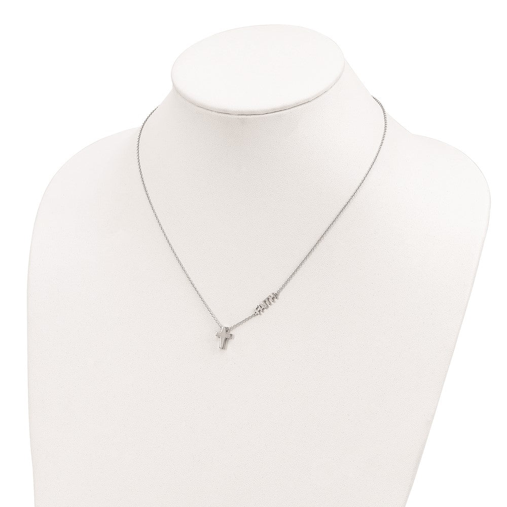 Sterling Silver Rhodium-plated FAITH w/Cross Necklace 18 Inches