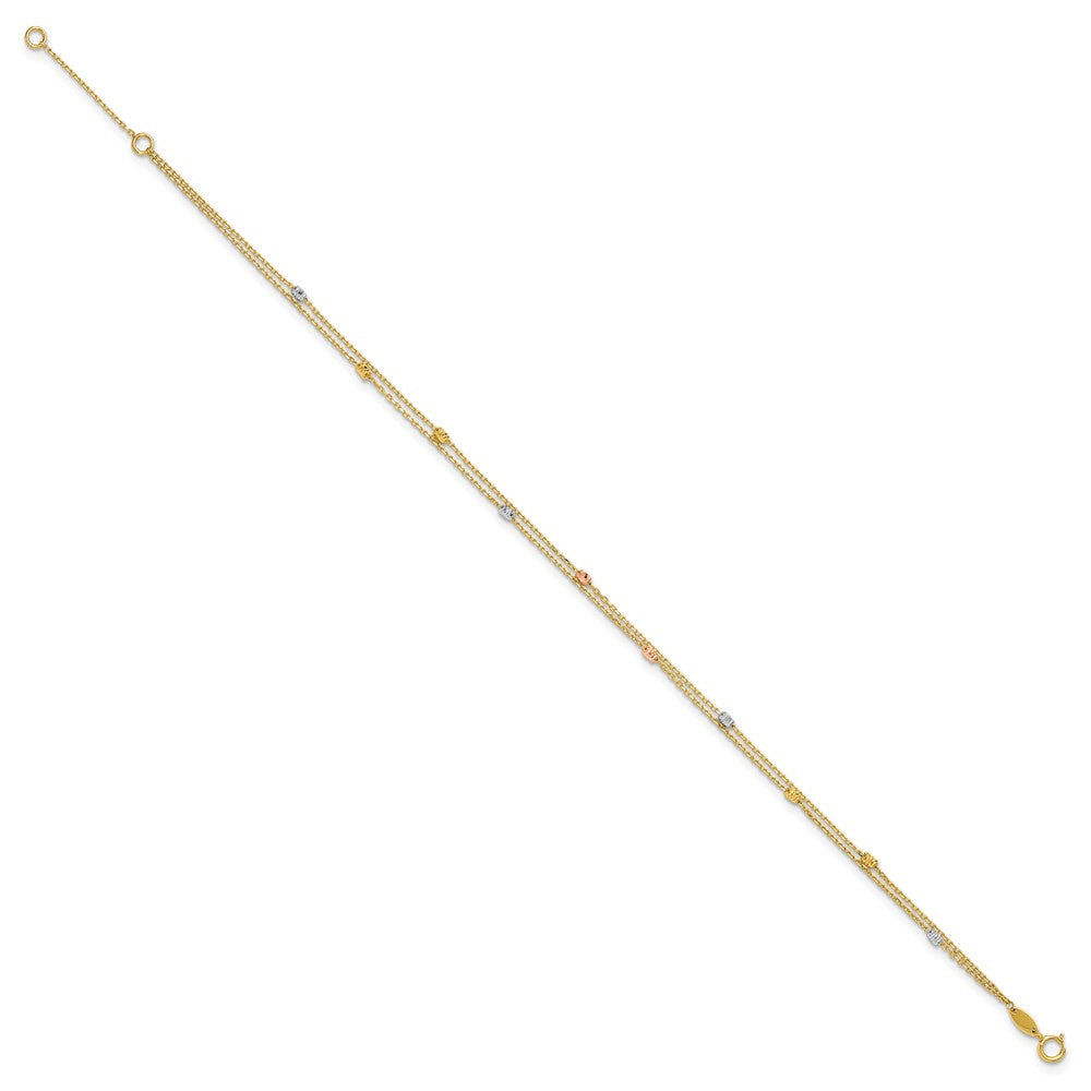 14K Tri-color Polish/Dia-cut 2-Strand 9in Plus 1in ext. Anklet