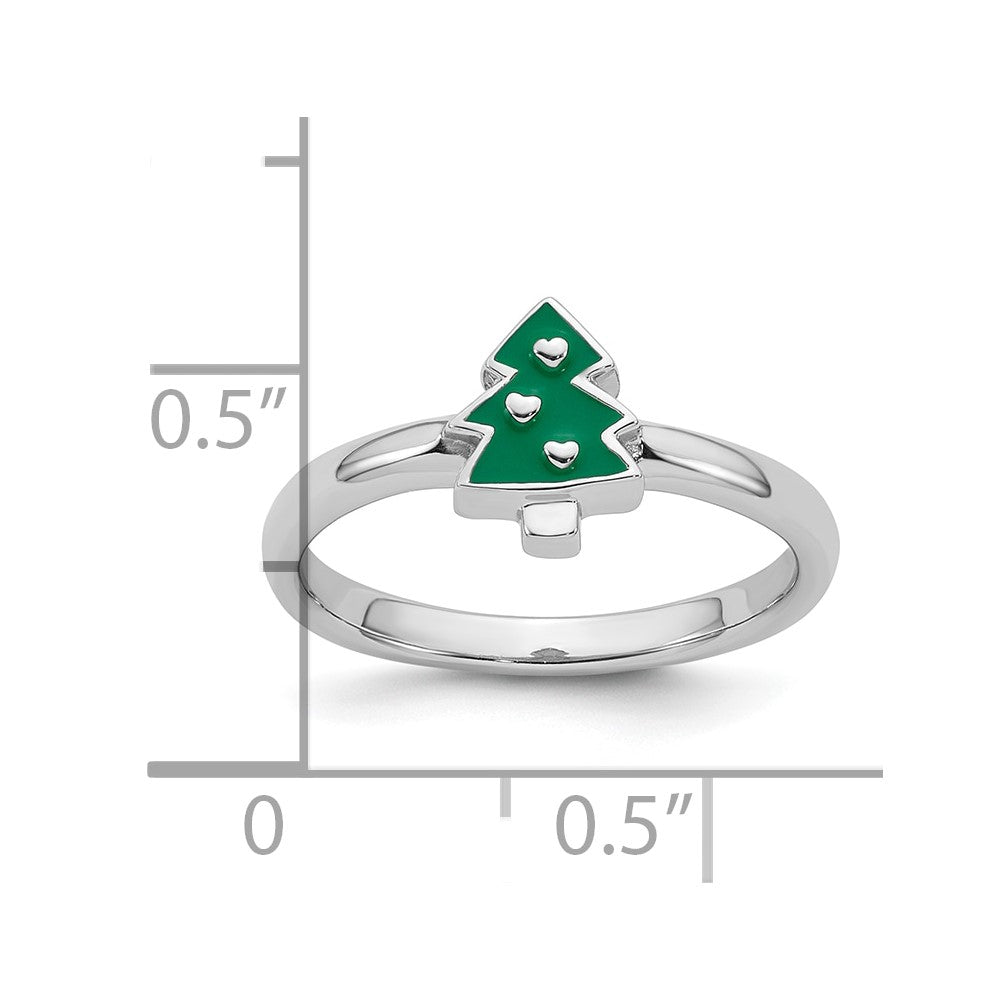 Sterling Silver Rhodium-plated Children's Size 4 Green Enamel Christmas Tree with Hearts Ring