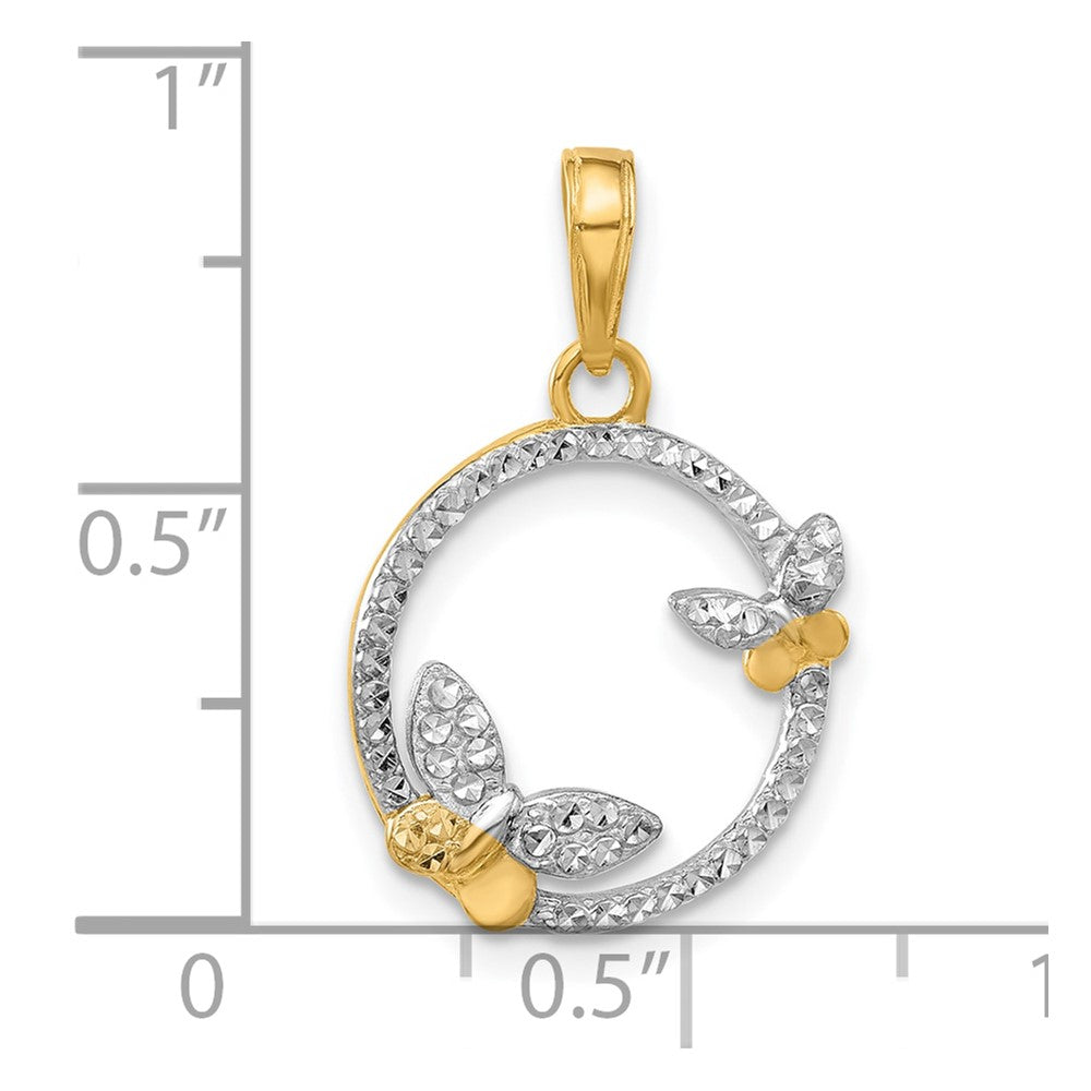 14K And White Rhodium D/C Butterflies on Circle Pendant