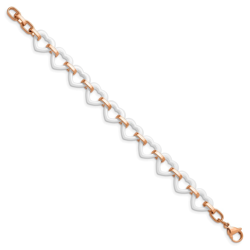 Stainless Steel Polished Rose IP w/White Ceramic Heart w/.75in ext. Bracele 7.25 inches