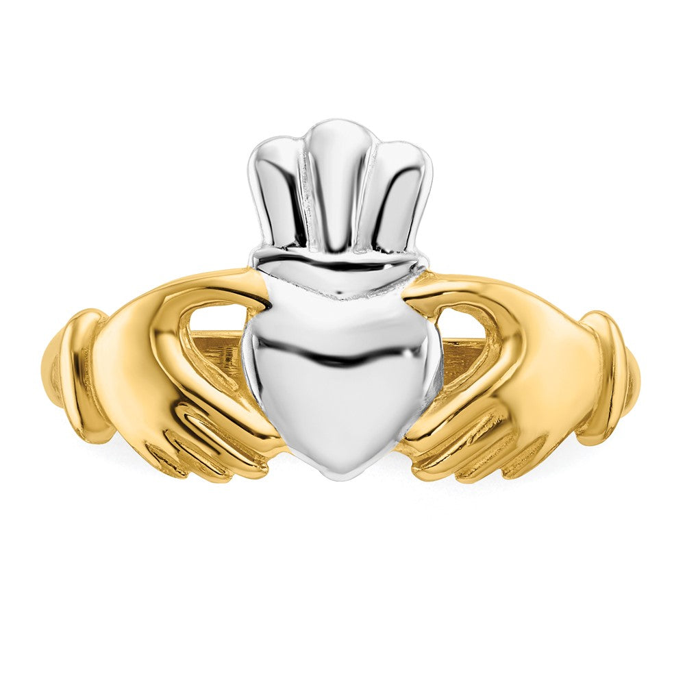 14k Polished and Rhodium Claddagh Ring Size 6.5