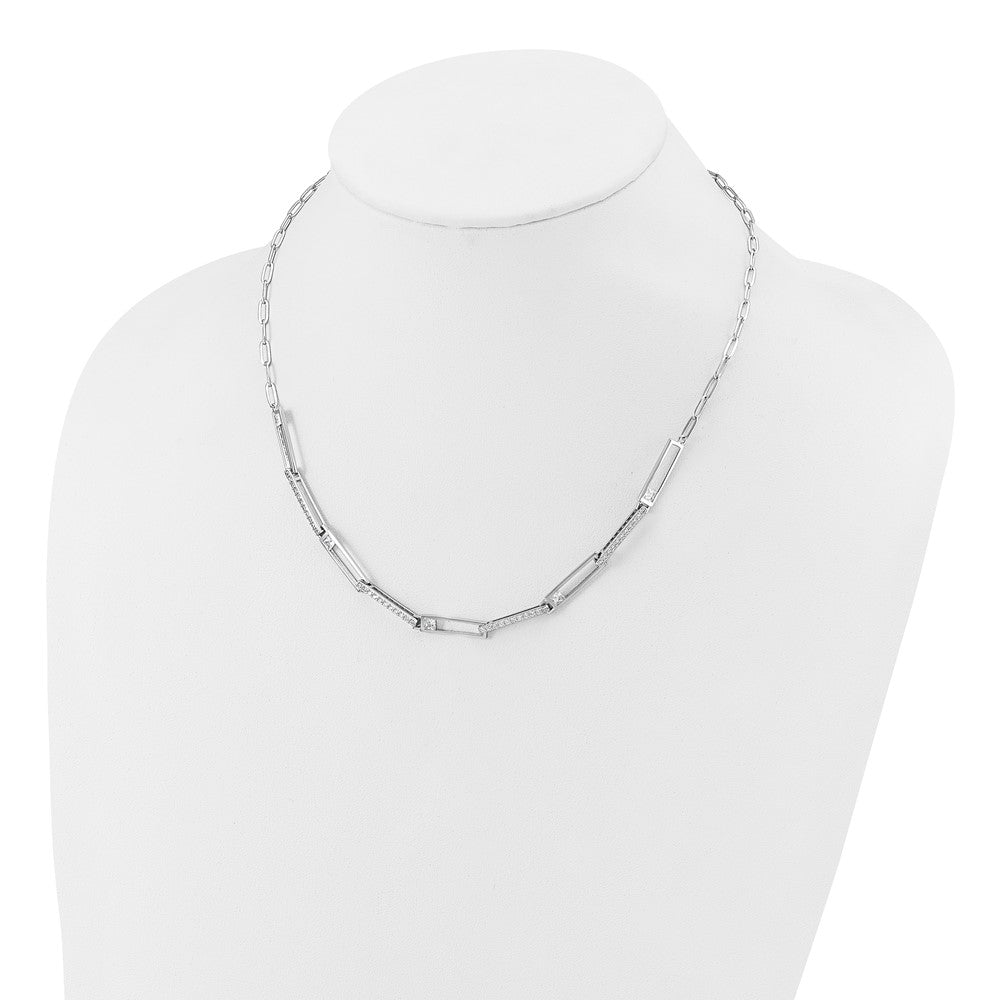 Cheryl M Sterling Silver Rhodium-plated Polished Fancy CZ Rectangular and Paperclip Link Necklace 18 Inches
