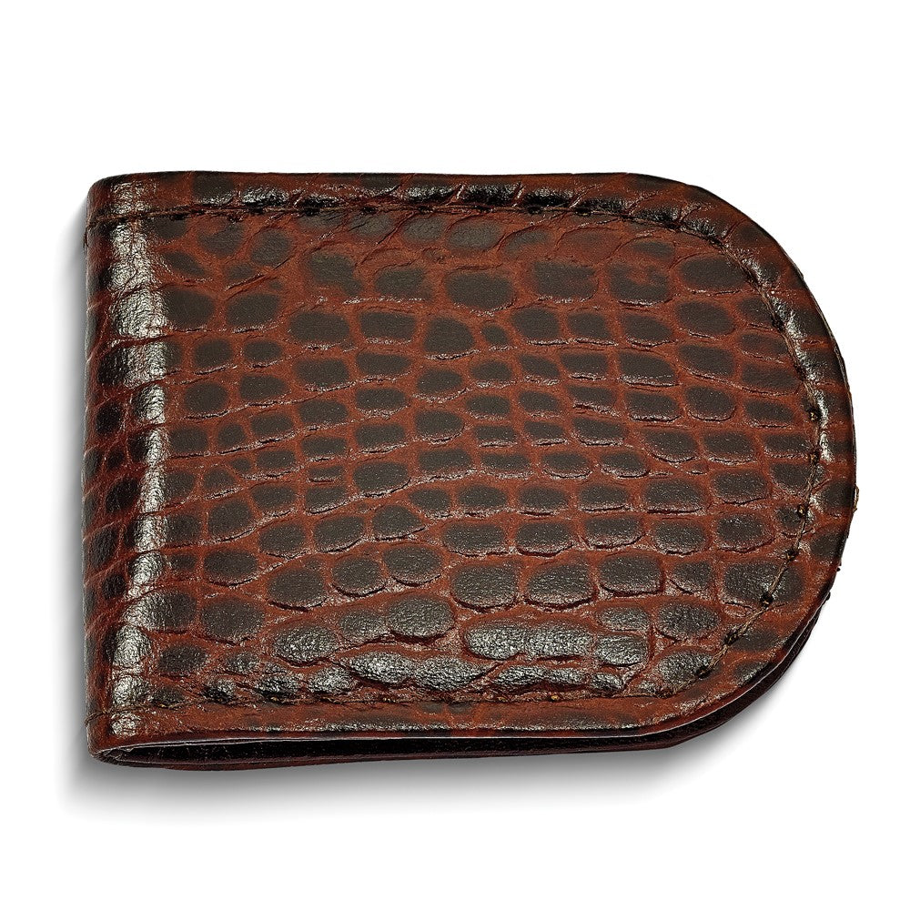 Set of 2 - Made in India Genuine Cowhide Slim Leather Magnetic Money Clip (Croc Brown)