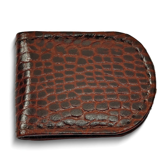 Set of 2 - Made in India Genuine Cowhide Slim Leather Magnetic Money Clip (Croc Brown)