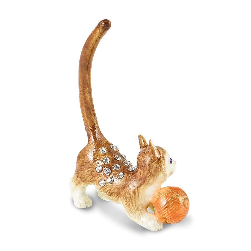 Luxury Giftware by Jere Pewter Bejeweled Crystals Silver-tone Enameled SASAFRAS Cat with Ball of Yarn Ring Holder