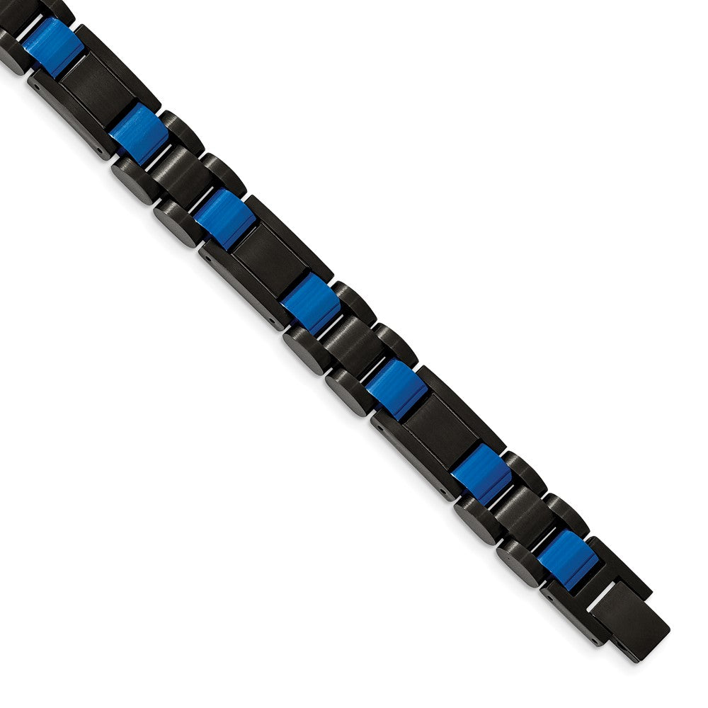Stainless Steel Brushed & Polished Black & Blue IP-plated 8.75in Bracelet 8.75 inches