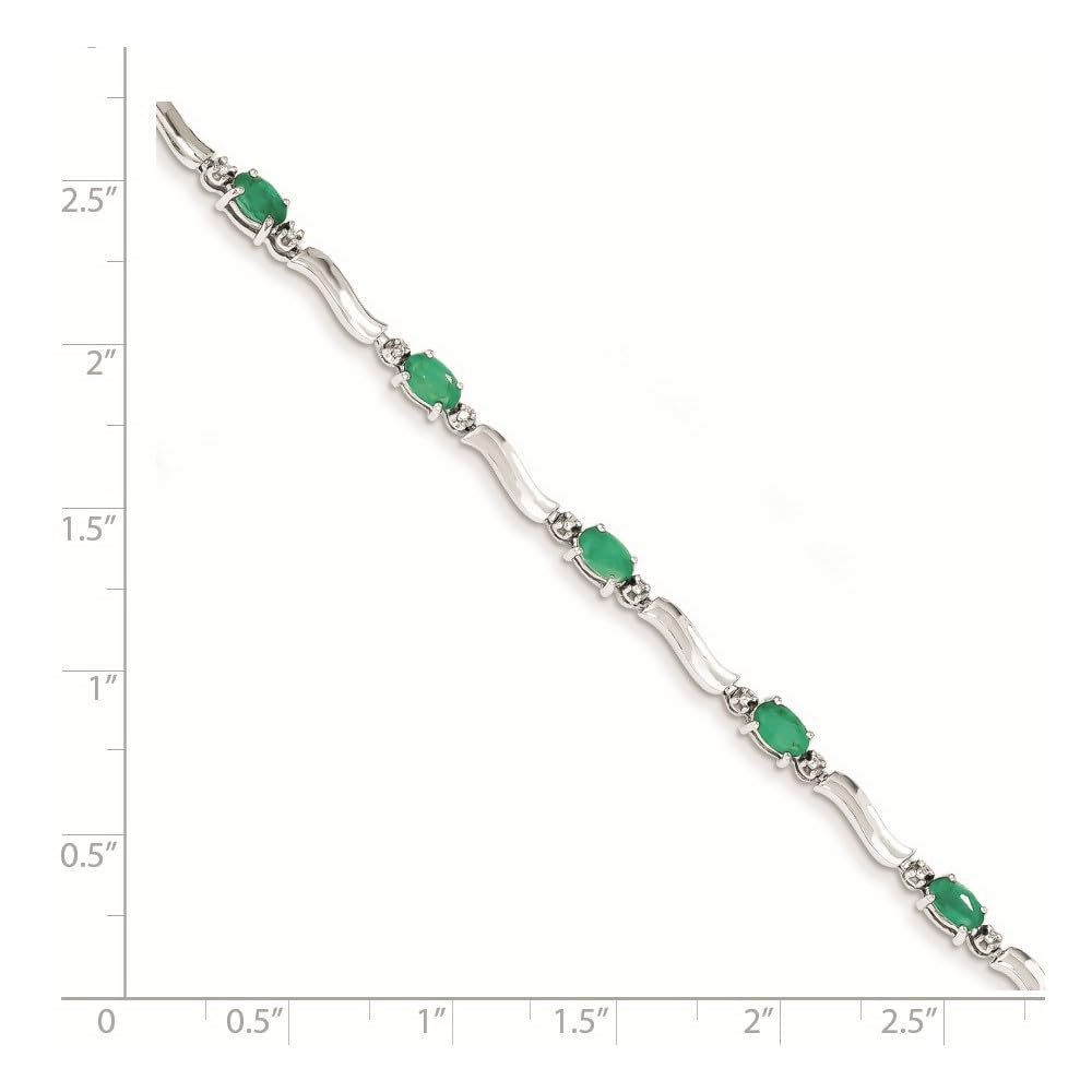 14k White Gold Complete Diamond and Oval Emerald Wavy Link 7 inch Bracelet