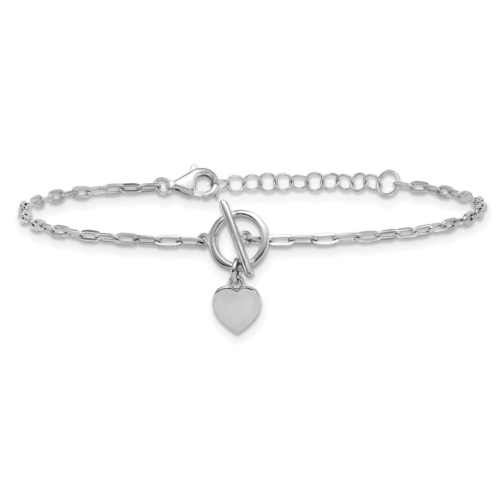 Sterling Silver Rhodium-plated Polished Heart Dangle Paperclip Link 6.5 Inch with 1 Inch Extension Bracelet 7.5 inches