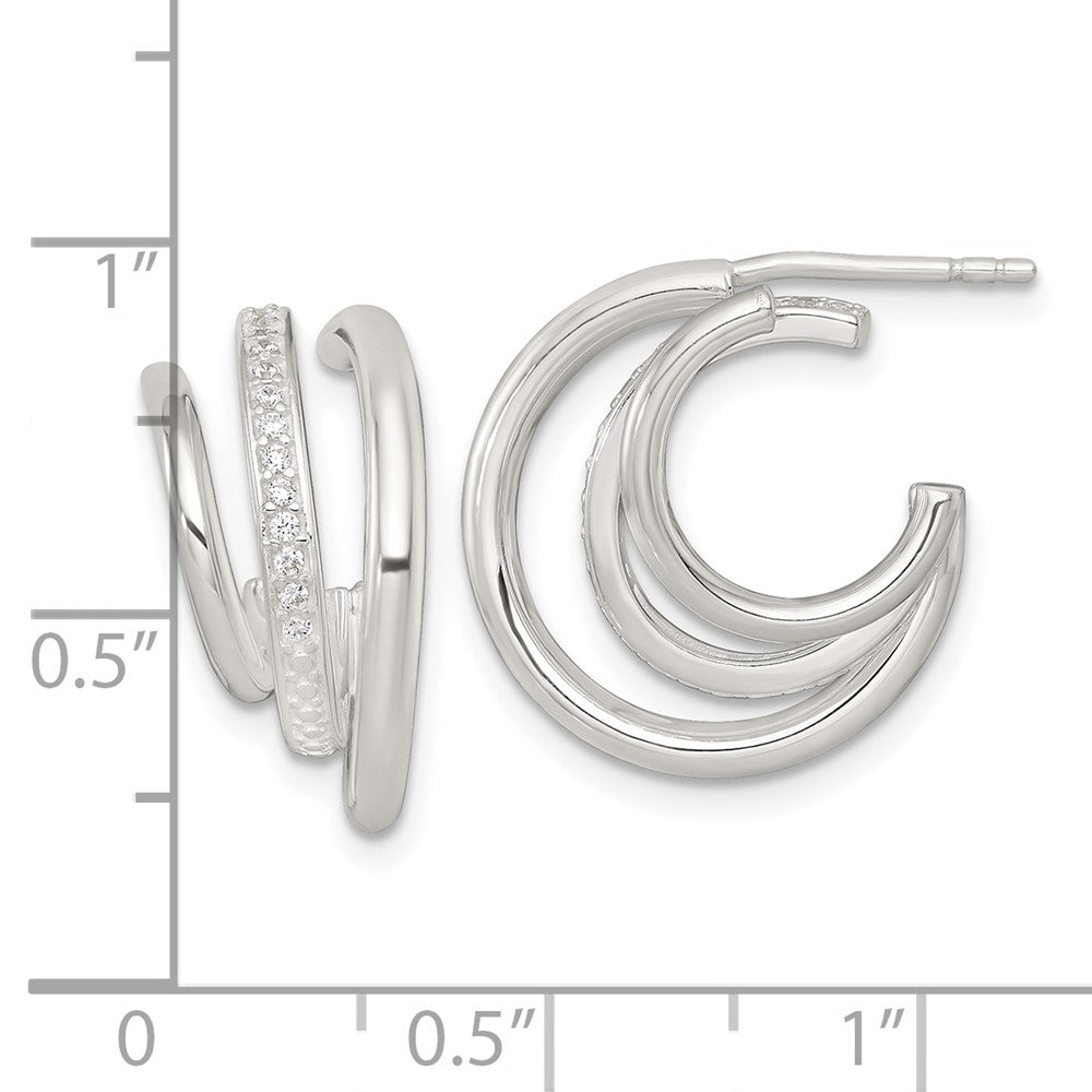 Sterling Silver Polished CZ 3-Row C-Hoop Post Earrings