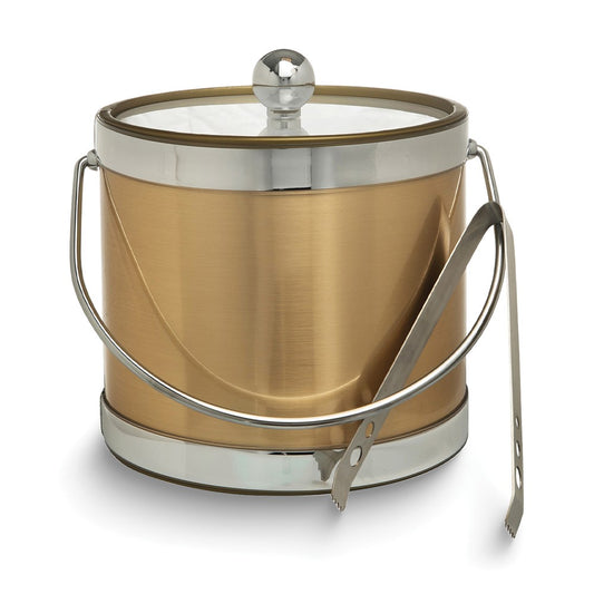 Gold with Silver Two-tone Metallic Mylar Double Wall Insulated Three Quart Ice Bucket with Stainless Steel Tongs