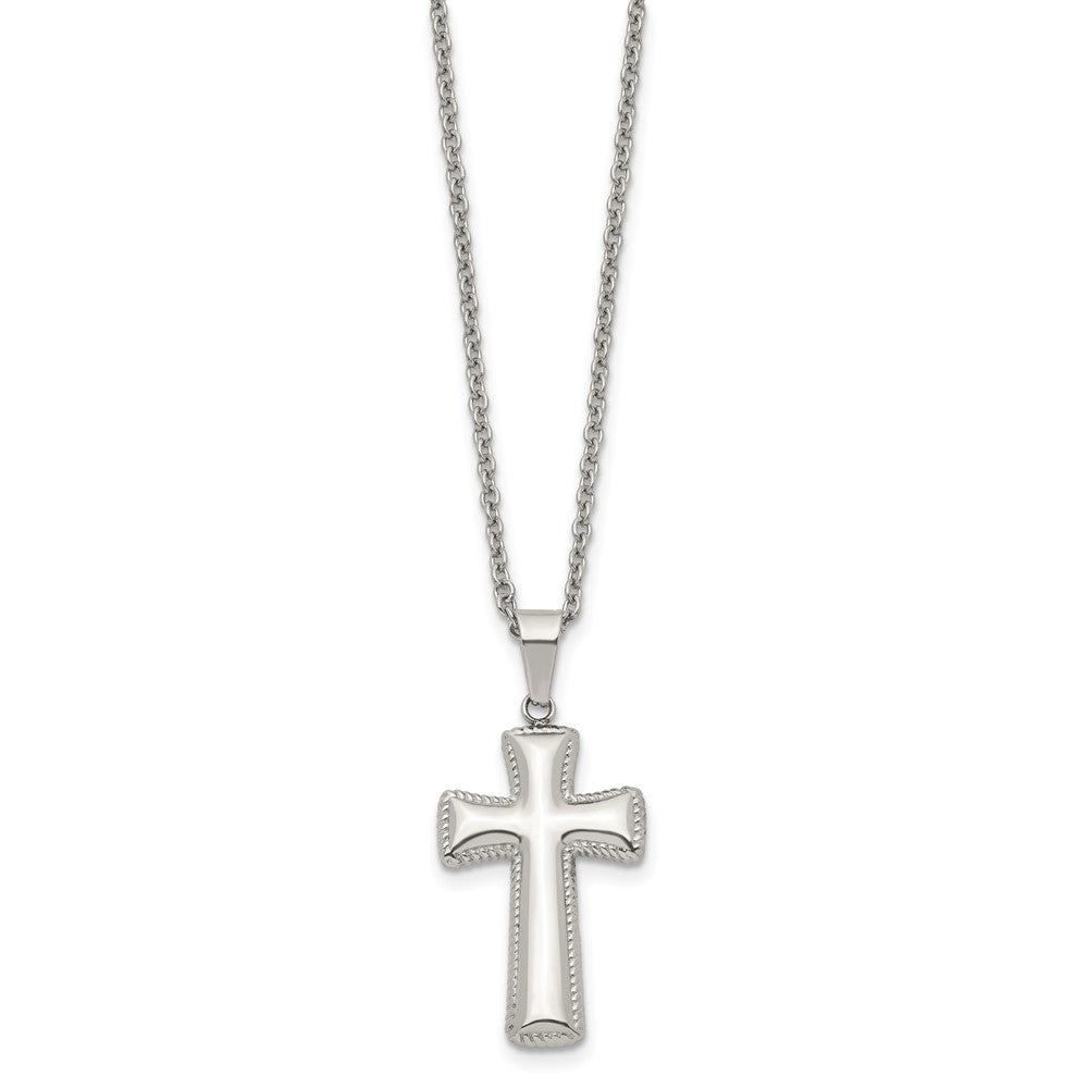 Stainless Steel Polished Medium Pillow Cross 18in Necklace