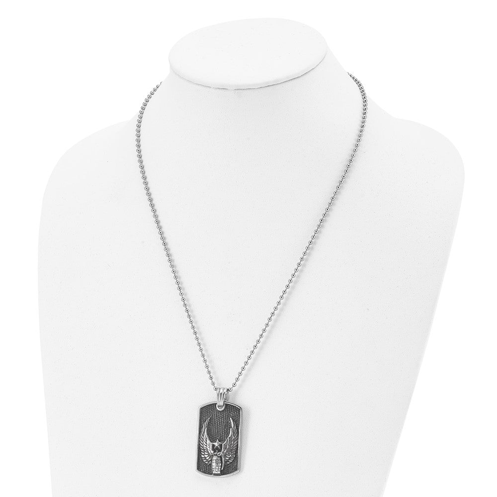 Stainless Steel Antiqued & Polished Wings/Grenade Dog Tag 22in Necklace