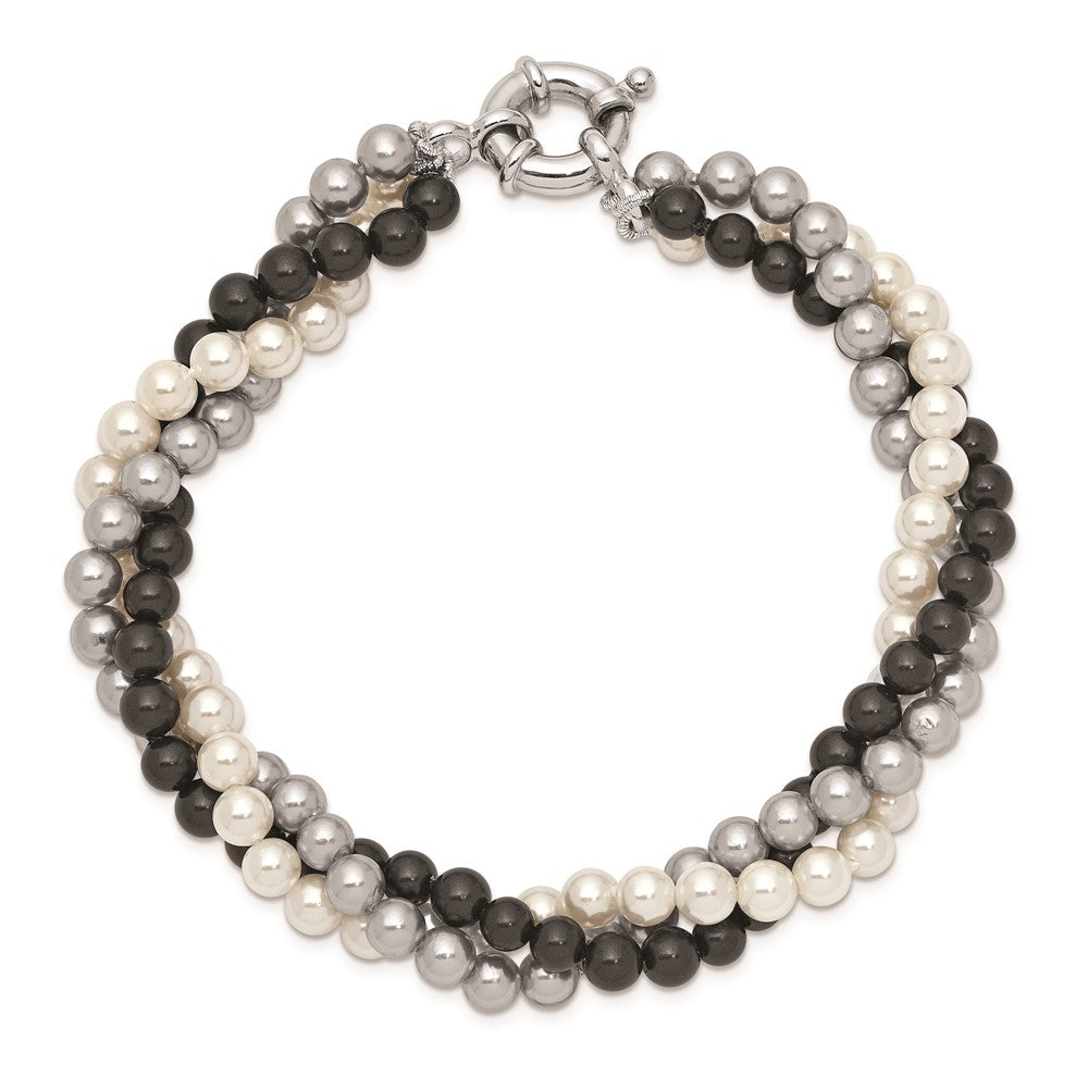 Majestik Sterling Silver Rhodium-plated 3 Row 4-5mm White Grey Black Imitation Shell Pearl Hand-knotted Bracelet 7.5 inches