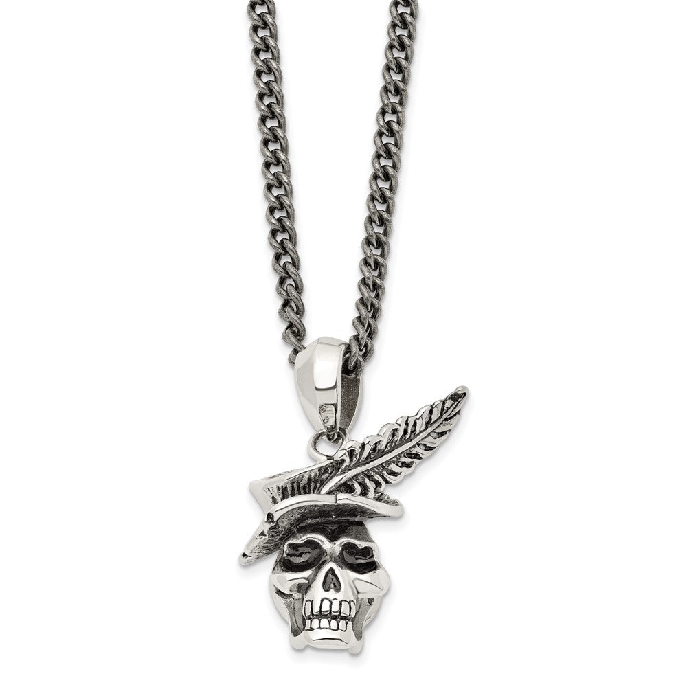 Stainless Steel Antiqued and Polished Skull with Feather 22in Necklace