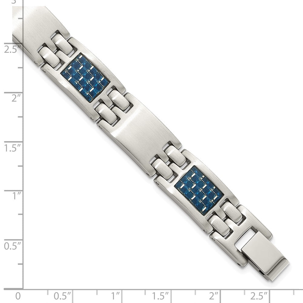 Stainless Steel Brushed with Blue Carbon Fiber Inlay 8.5in Bracelet 8.5 inches