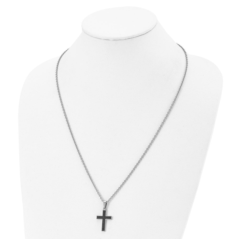 Stainless Steel Polished and Textured Black IP-plated Cross 24in Necklace