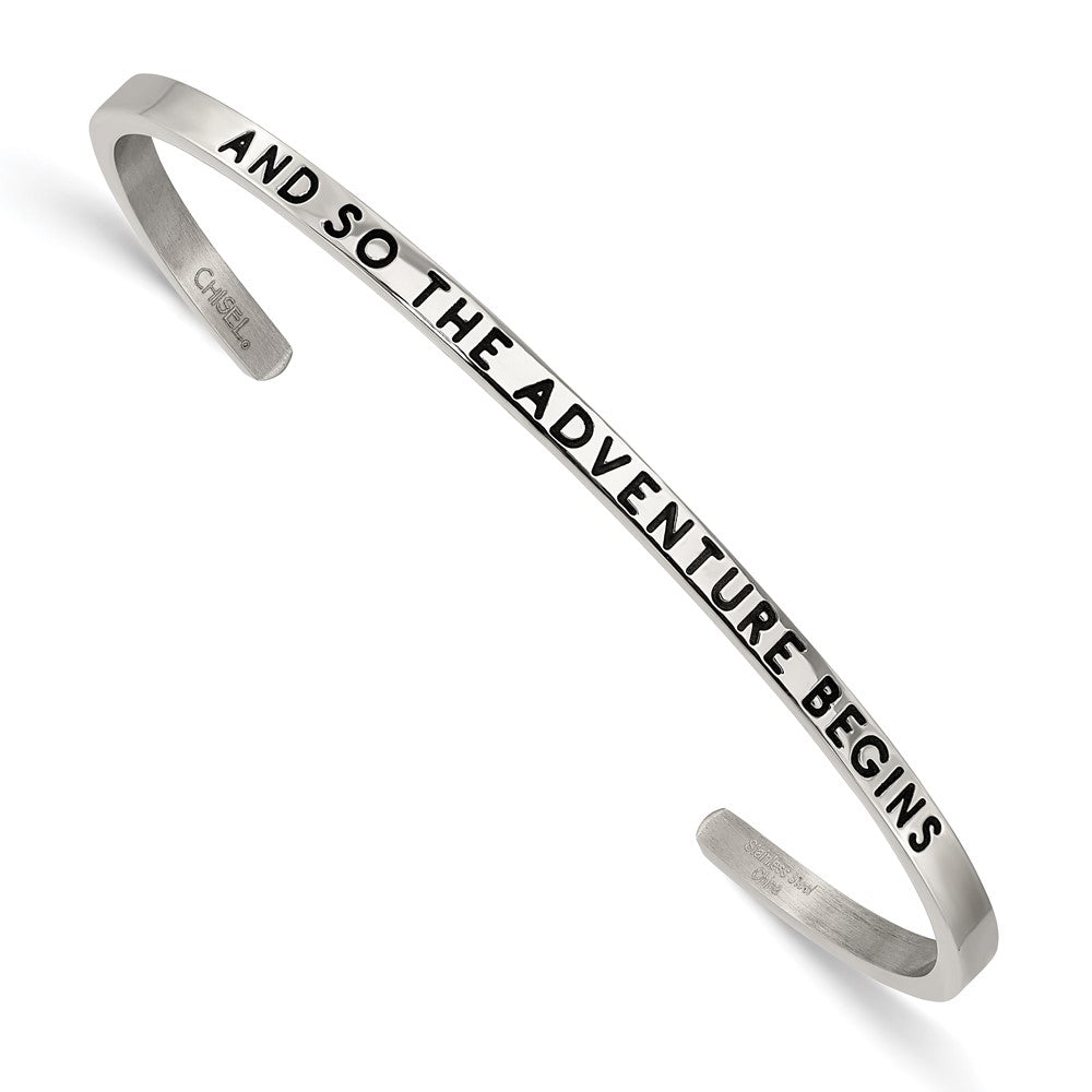 Stainless Steel Polished Enamel/Crystal ADVENTURE BEGINS 3mm Bangle 7 inches