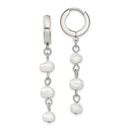 Stainless Steel Polished w/Freshwater Cultured Pearl Hinged Hoop Earrings