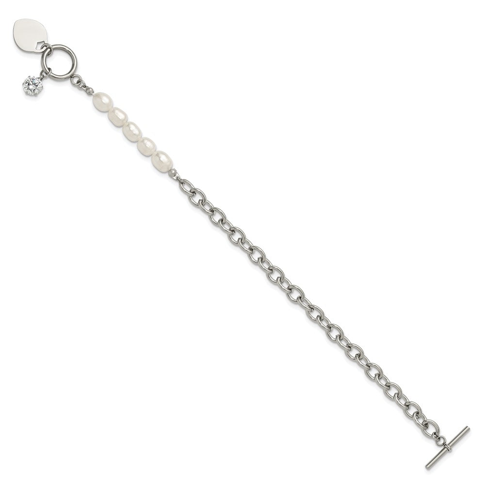 Chisel Stainless Steel Polished with Half White Freshwater Cultured Pearl and CZ Heart Dangle 8.25 inch Bracelet 8.25 inches
