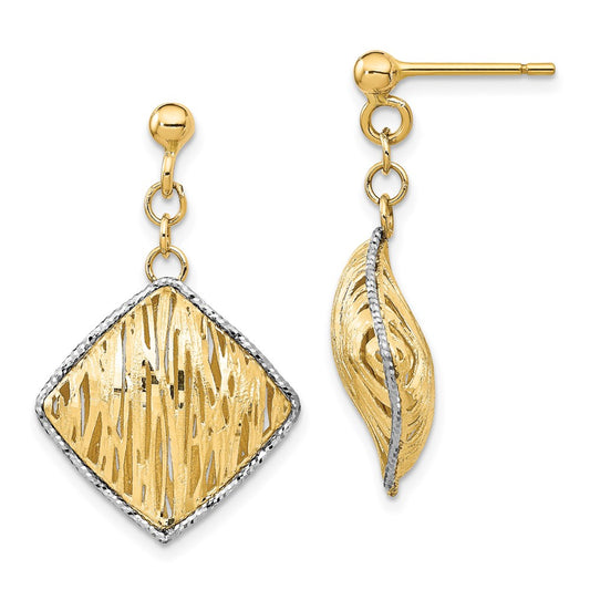 14K & White Rhodium Polished & D/C Hollow Dangle Post Earrings