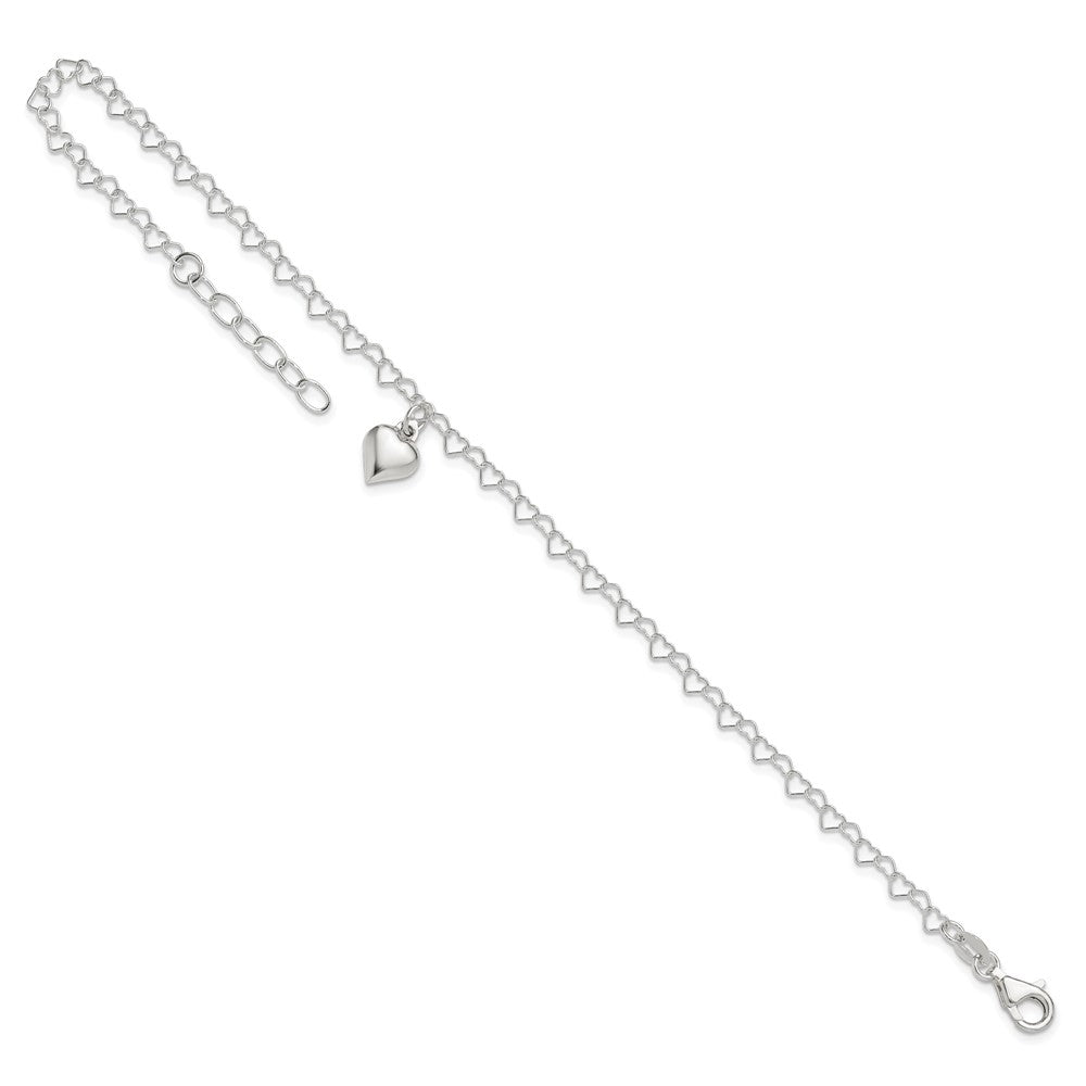 Sterling Silver Polished Fancy Link Puffed Heart 9 in Plus 1in ext. Anklet 9 inches