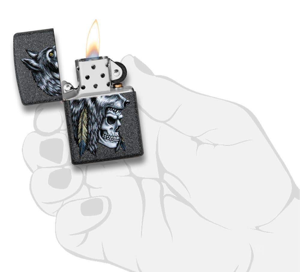Zippo Wolf Skull Feather Design Iron Stone Pocket Lighter