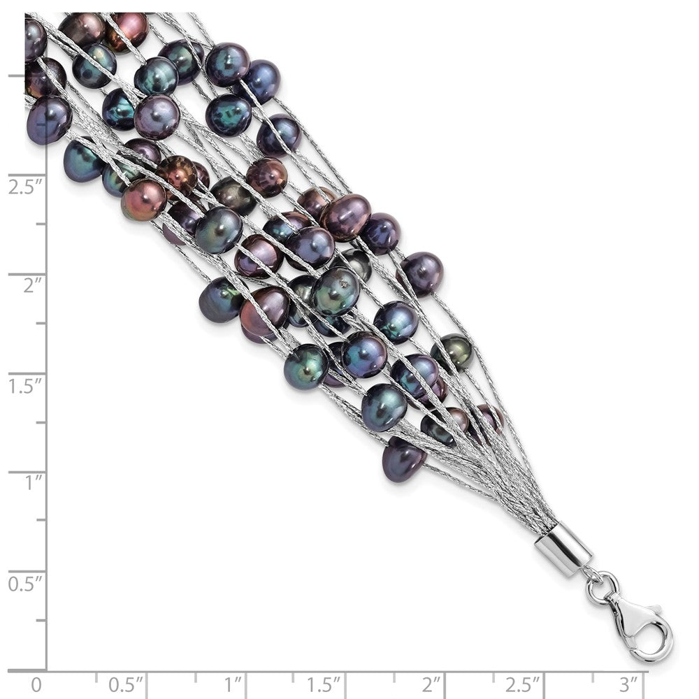 Sterling Silver Rhodium-plated 6-7mm Black Semi-Round Freshwater Cultured Pearl Multi Strand 7.5 inch Bracelet 7.5 inches