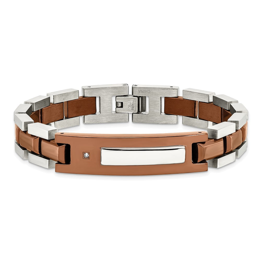 Stainless Steel Polished Brown IP-plated w/Diamond 8.5in Bracelet 8.5 inches