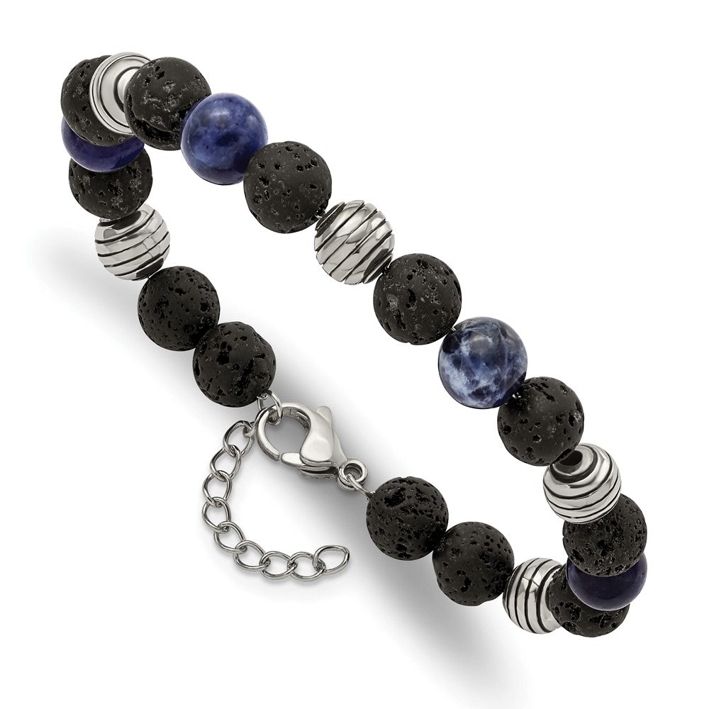 Stainless Steel Antiqued & Polished Lava Stone/Sodalite w/1in ext Bracelet 7.25 inches