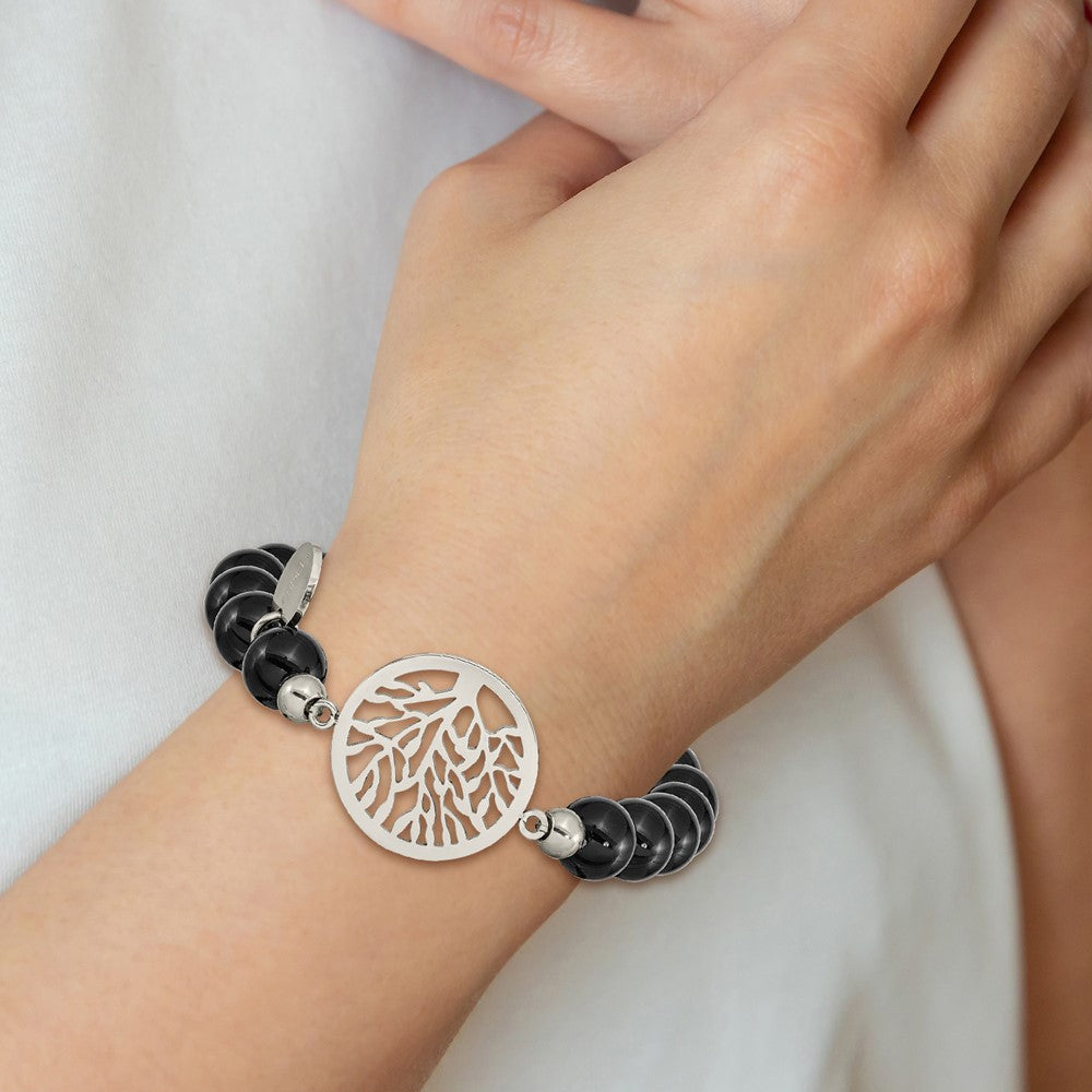 Stainless Steel Polished Tree of Life Black Agate Beaded Stretch Bracelet 6.25 inches