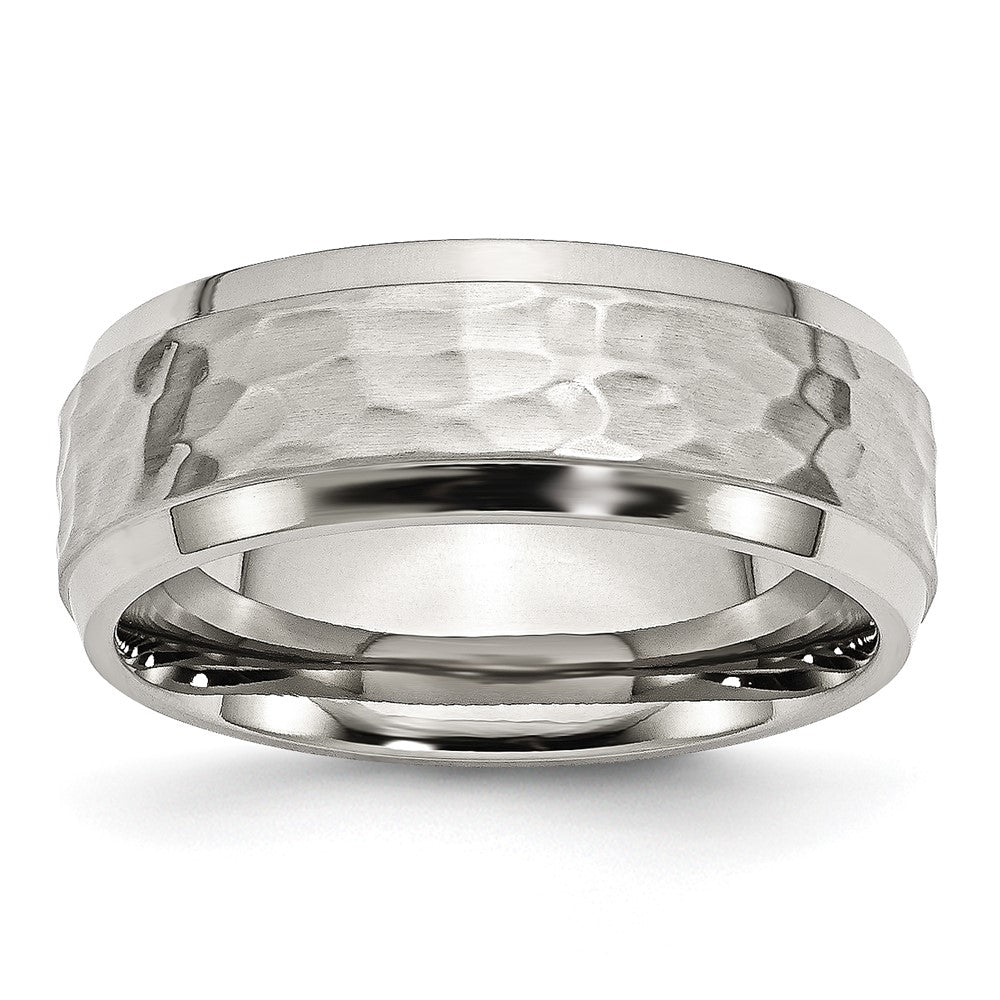 Stainless Steel Brushed Polished and Hammered 8mm Beveled Edge Band Size - 13.5