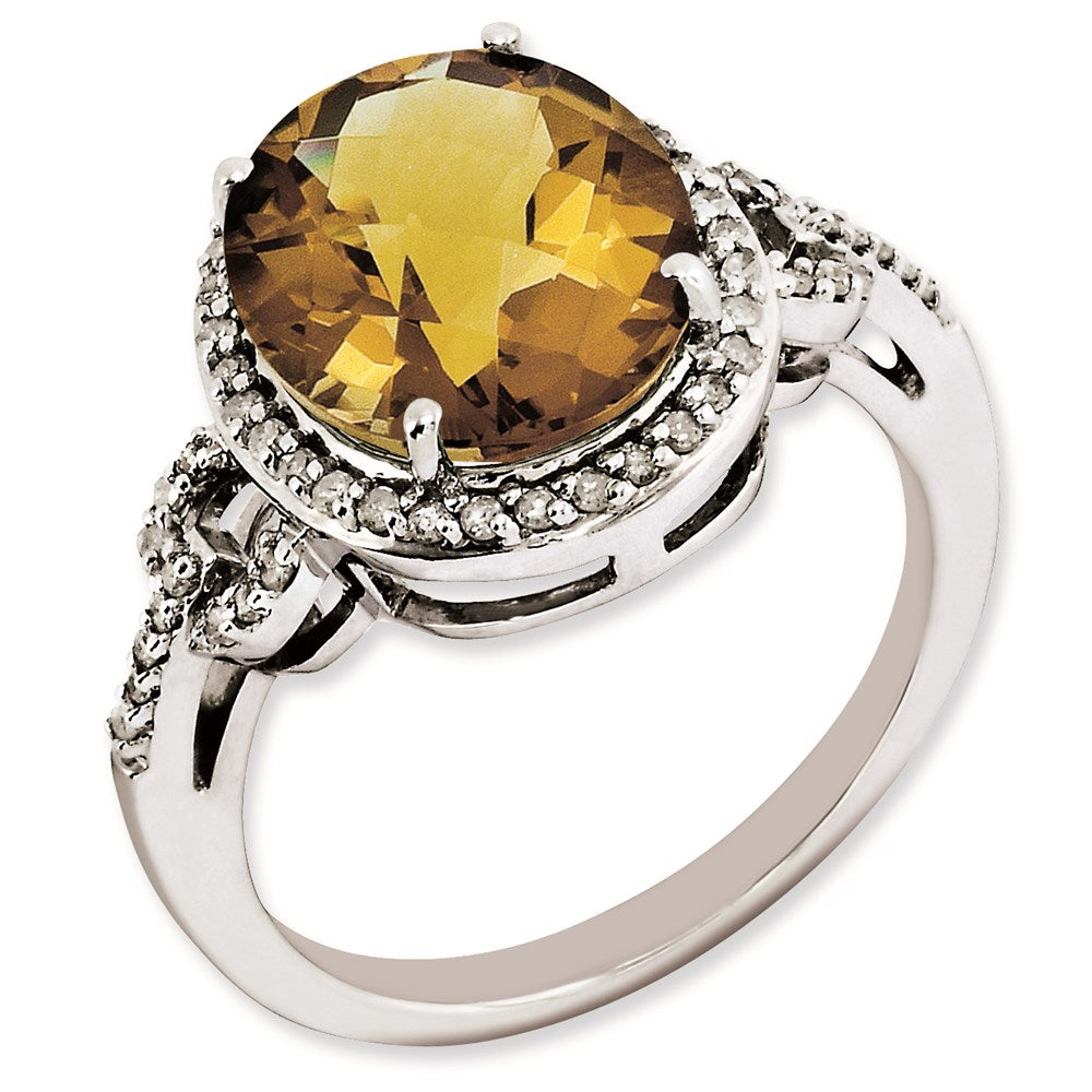 Sterling Silver RH-plated Oval Diamond & Checker-Cut Whiskey Quartz Ring